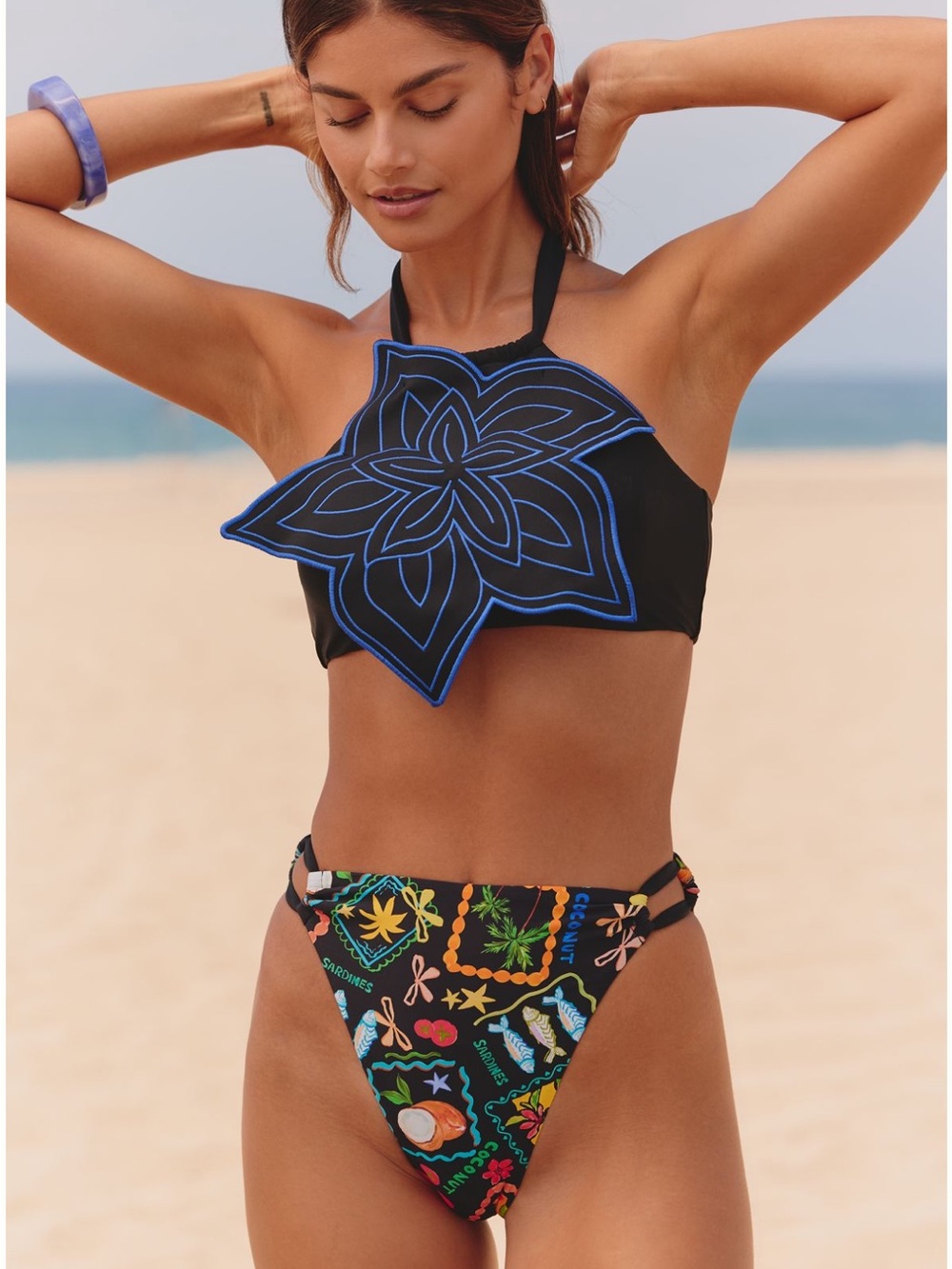 Black Halter Bikini Top with Blue Floral Applique and Printed High-Cut Bottoms